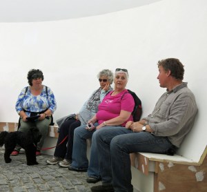 Sue Knights, Ruby, Jane Twose and Pam Smith listen to Neil Armstrong talking about the Skyspace.